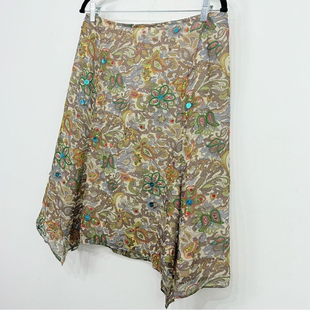 Strenesse Blue Brown Colorful Sequin Embroidered 100% Silk Paisley Floral Skirt - Picture 2 of 16